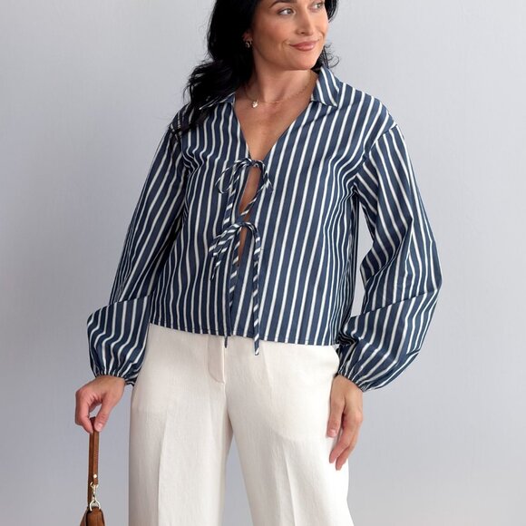 Women’s Striped Tie-Front Blouse – Navy/White, Collared Long Balloon Sleeve - Picture 1 of 10